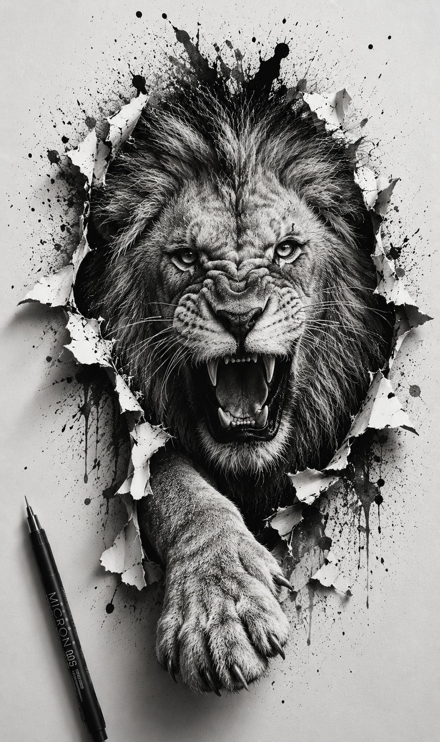 A roaring lion drawn in black ink, tearing forward through the sheet of paper it was drawn on.